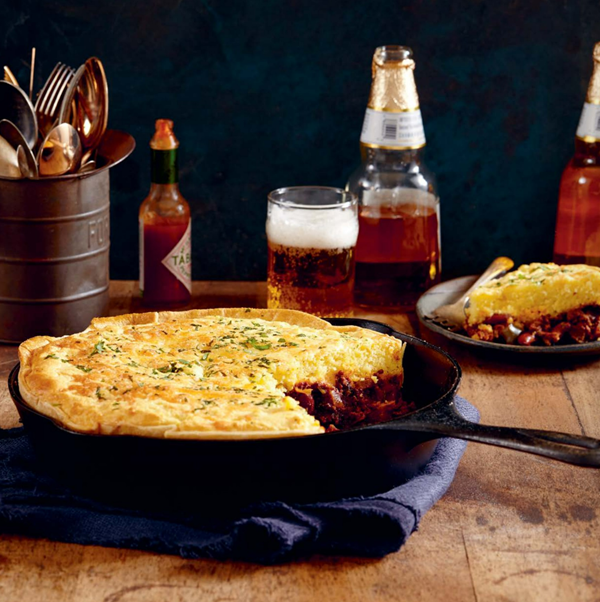 Red bean and stout chili pie with cornbread crust