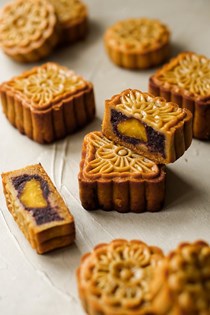 Red bean mooncakes with salted egg yolk