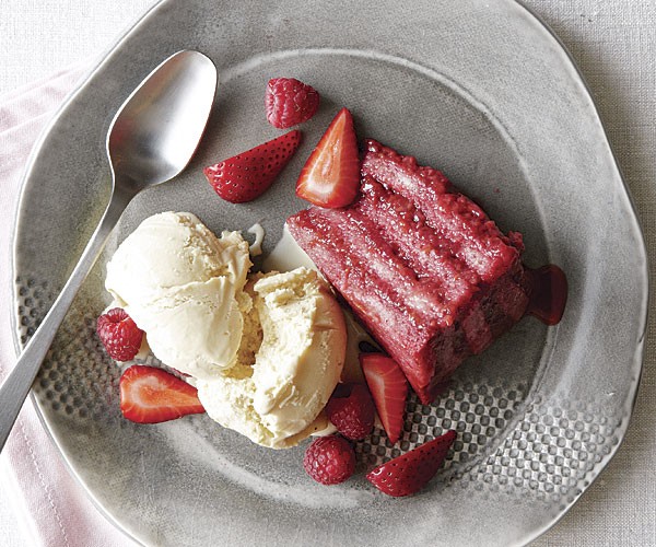 Red berry summer pudding with vanilla malt ice cream