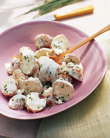 Red bliss potato salad with blue cheese, bacon, and chives