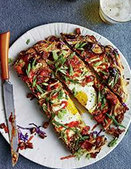 Red cabbage and fried mortadella okonomiyaki