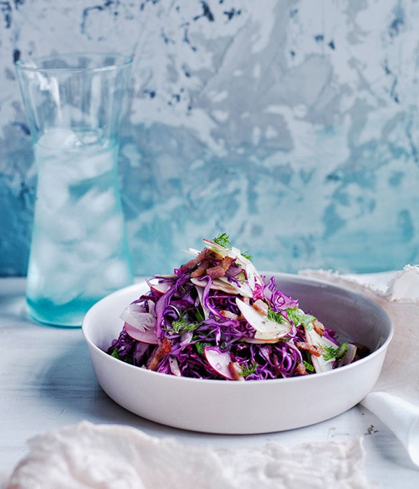 Red cabbage-apple slaw with speck and caraway dressing