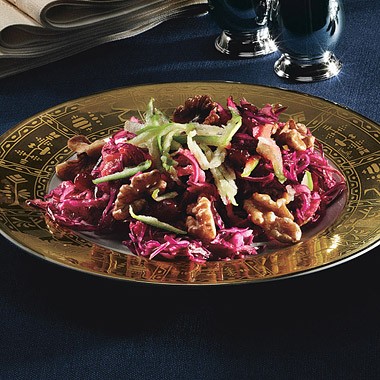 Red cabbage salad with green apple, lingonberry preserves, and toasted walnuts