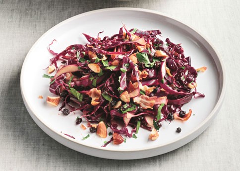 Red cabbage salad with warm pancetta-balsamic dressing