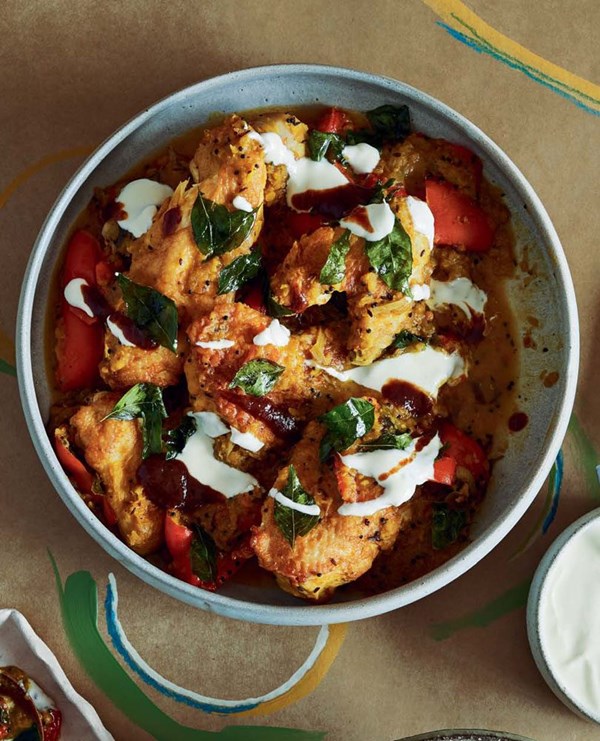 Red capsicum, red lentil & chicken curry with tamarind syrup