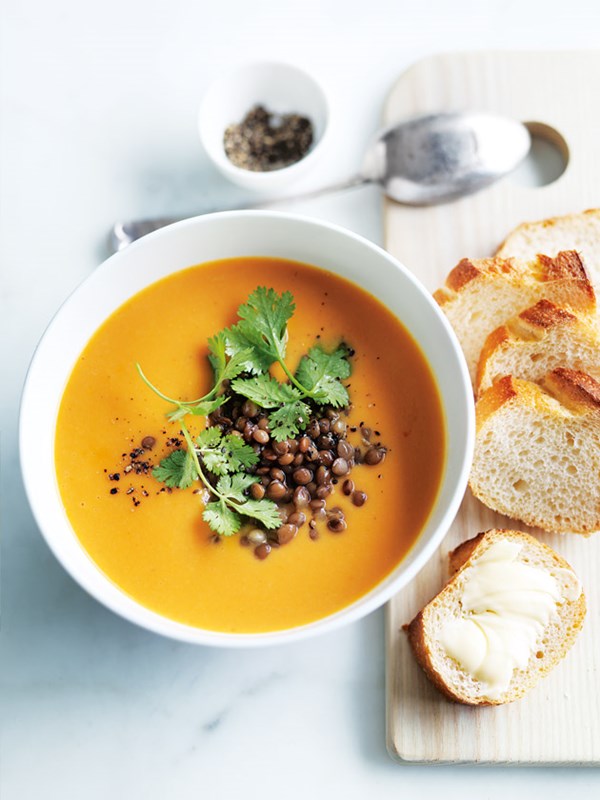 Red coconut curry lentil and sweet potato soup