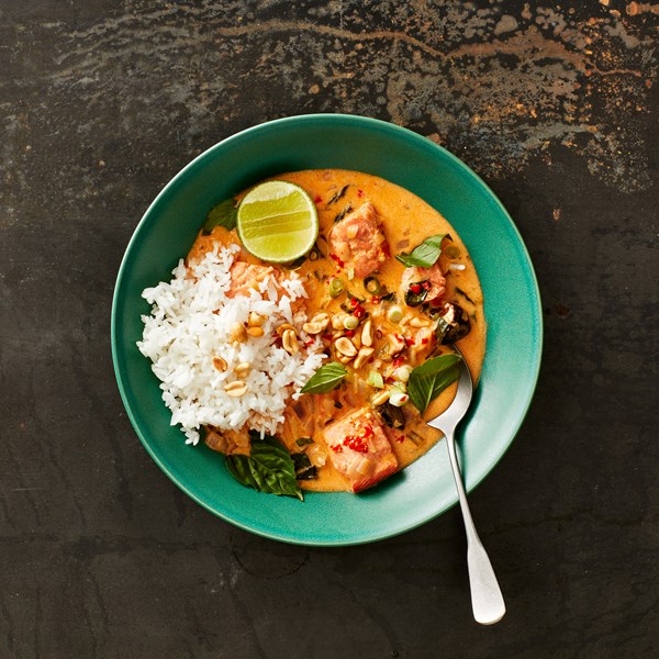 Red coconut curry with sockeye salmon 
