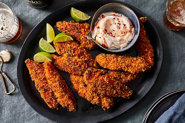 Red curry chicken fingers with crispy onion breading [red curry–yogurt dipping sauce]