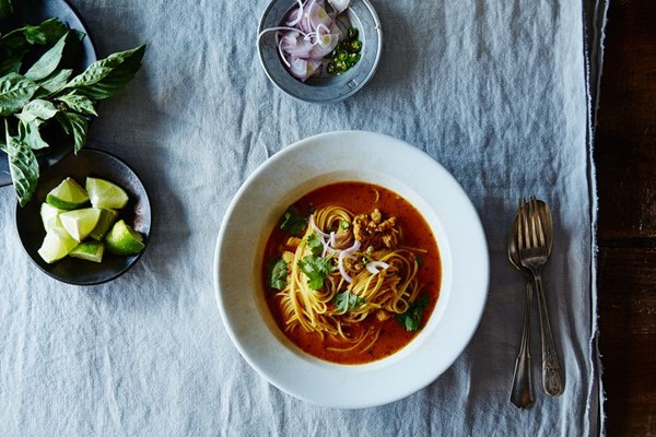 Red curry chicken noodle soup