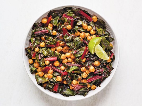 Red curry chickpeas and Swiss chard