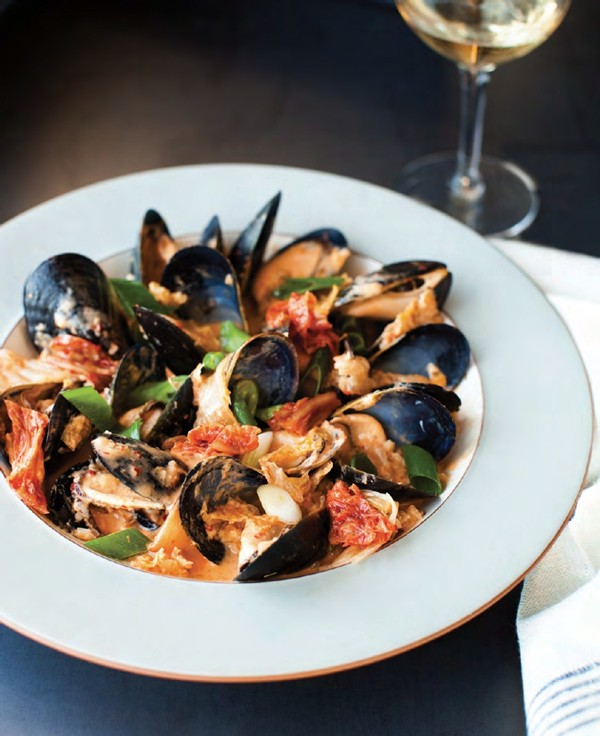 Red curry mussels with kimchi