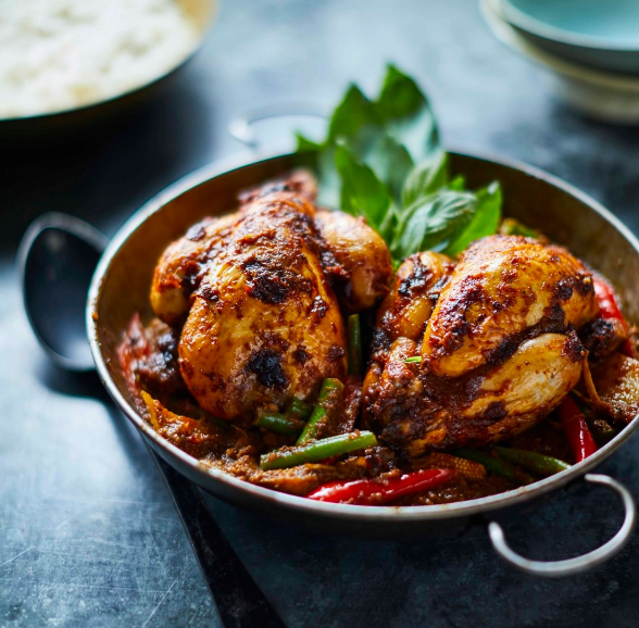 Red curry of poussin and minced prawns with Asian vegetables
