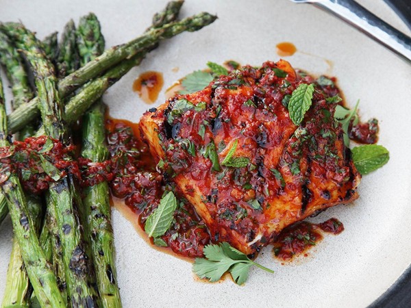 Red curry-rubbed grilled halibut with curry vinaigrette