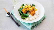 Red curry-spiced fish with pineapple star anise chutney