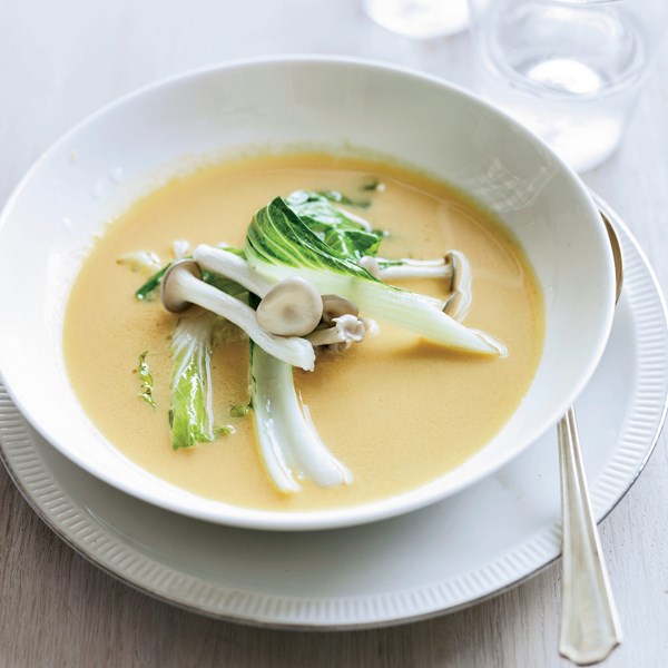 Red curry squash soup with bok choy & pickled mushrooms [Erik Anderson and Josh Habiger]