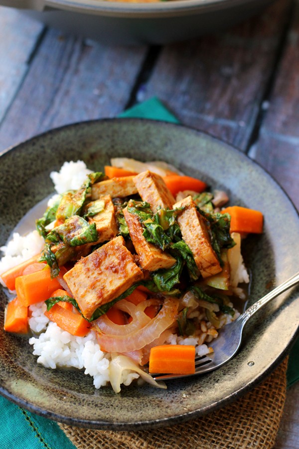 Red curry tofu with coconut chile carrots and bok choy