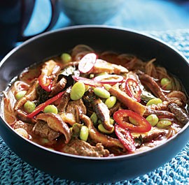 Red curry with beef, shiitakes, and edamame
