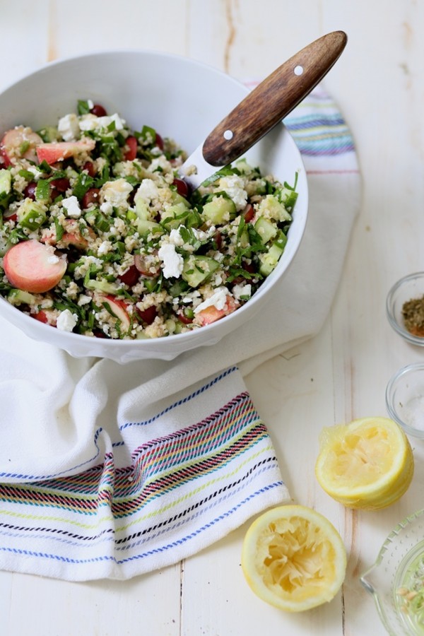 Red grape and white peach tabbouleh salad
