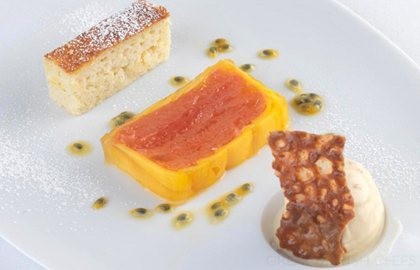 Red grapefruit and mango press, ginger ice cream, ricotta cake and almond brittle