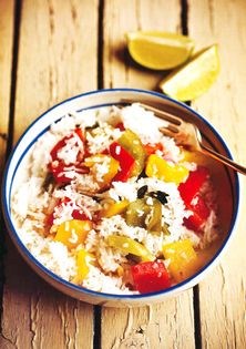 Red, green and gold coconut rice
