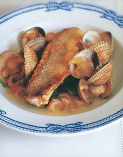 Red gurnard with sea spinach, steamed cockles and brown shrimps