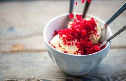 Red ice, raspberries and vanilla ice cream