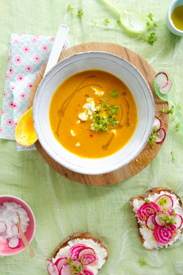 Red kuri squash and apple soup with tarragon and coriander