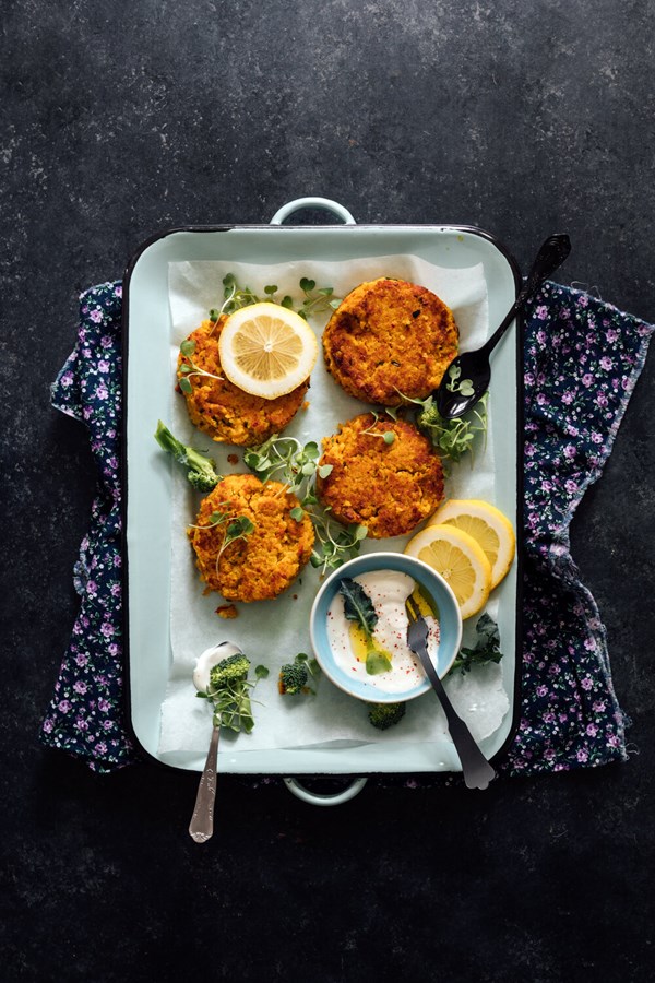Red kuri squash and quinoa fritters with crème fraîche