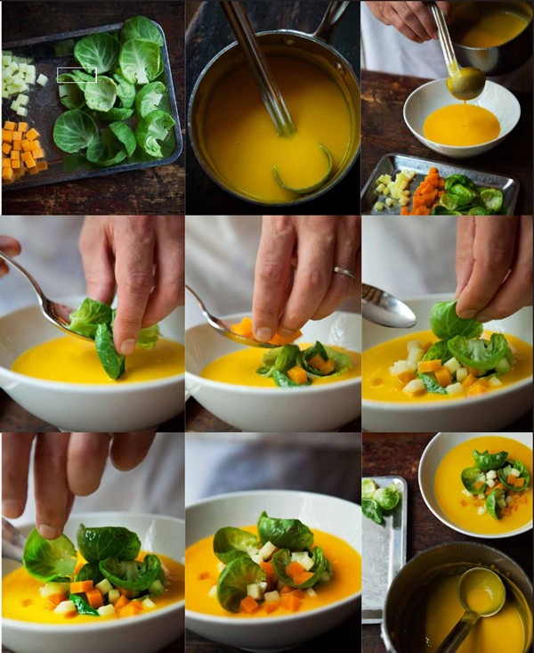 Red kuri squash soup with Brussels sprouts and apples