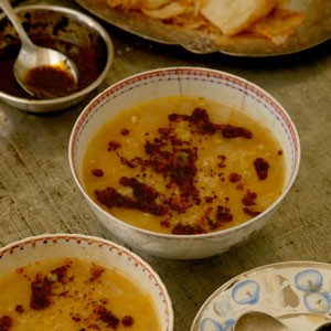 Red lentil and bulgur soup with chile-mint butter (Mercimek çorbasi)