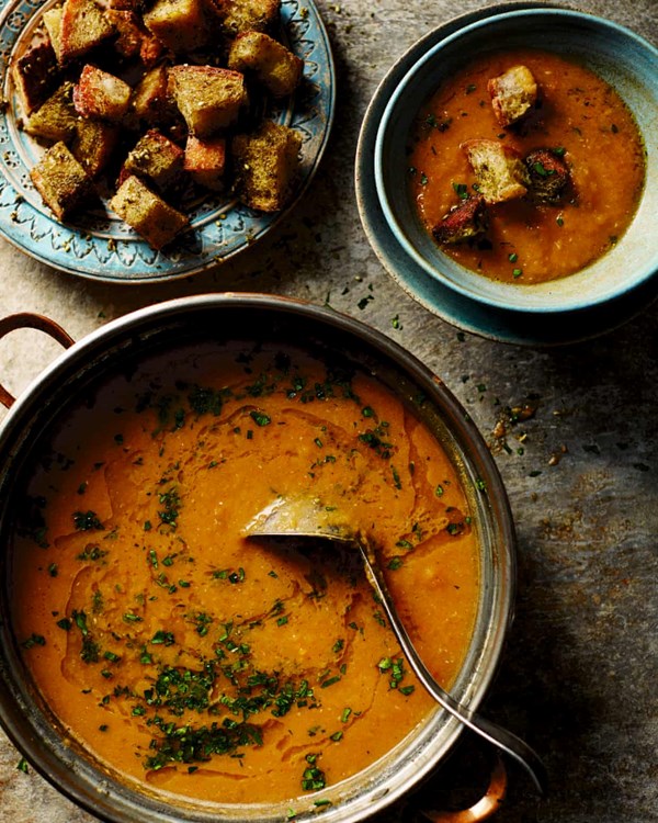 Red lentil and squash soup with za'atar croutons
