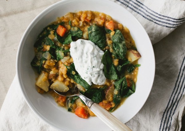 Red lentil and vegetable soup with chive yogurt