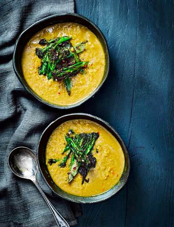 Red lentil dahl soup with broccoli tarka