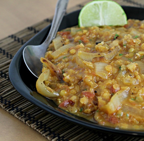 Red lentil dal with charred onions