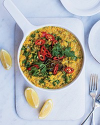 Red lentil dal with coconut milk and kale