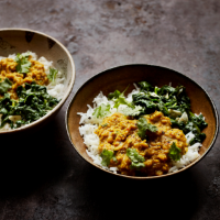 Red lentil dhal with garlicky spinach and basmati rice