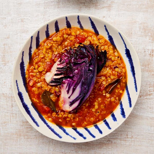 Red lentil rasam with roast red cabbage