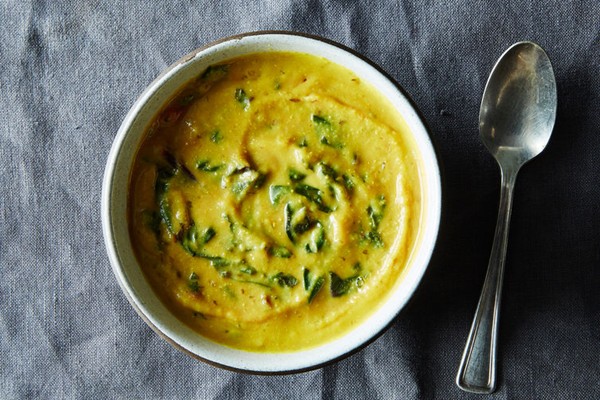 Red lentil soup with beet greens