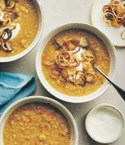 Red lentil soup with crispy shallots