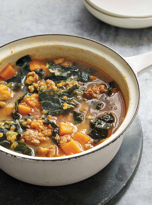 Red lentil soup with kale and chorizo