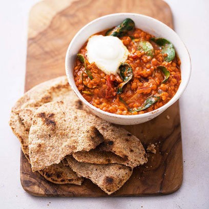 Red lentil tikka masala with rye barley roti