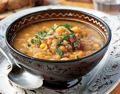 Red lentil, yellow pea and bacon soup