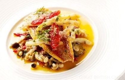 Red mullet and squid with oven-dried tomatoes, wild fennel and pickled mushrooms