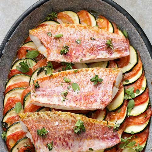 Red mullet on baked Provençal vegetables