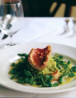 Red mullet on toast with crushed broad beans and peas