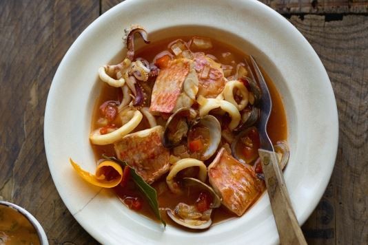 Red mullet, squid and cockle bouillabaisse with aioli