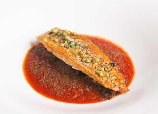 Red mullet with capers, black olives and tomato
