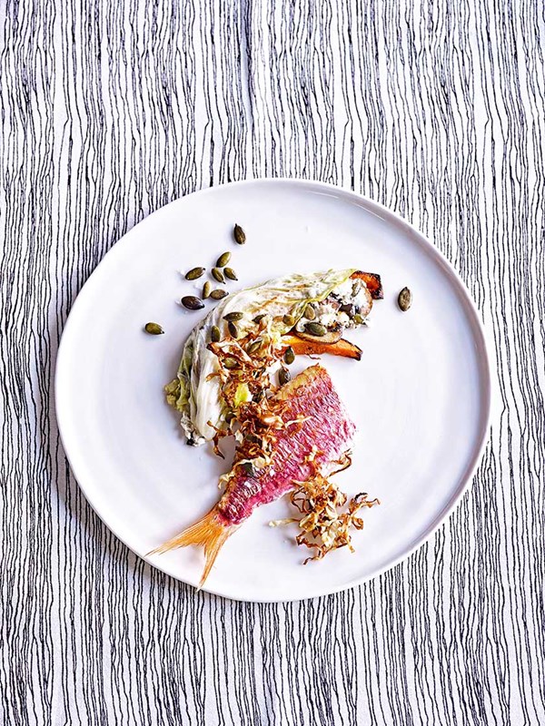 Red mullet with ceps + goats' cheese