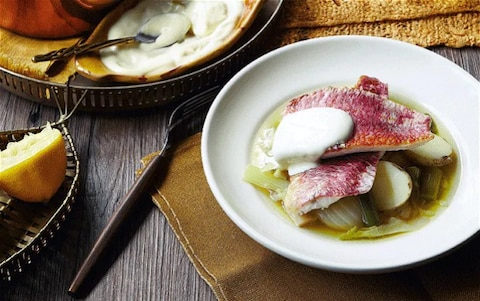 Red mullet with fennel, leek and saffron broth and aioli