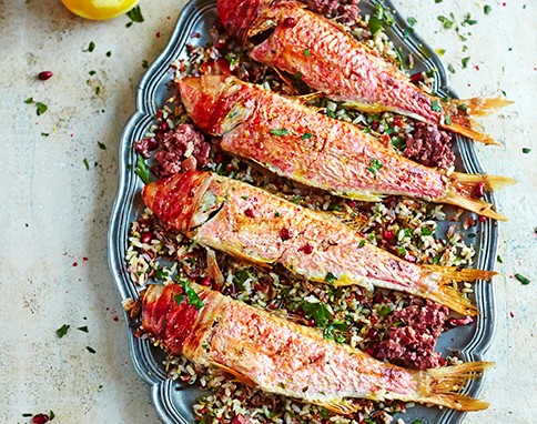 Red mullet with jewelled wild rice